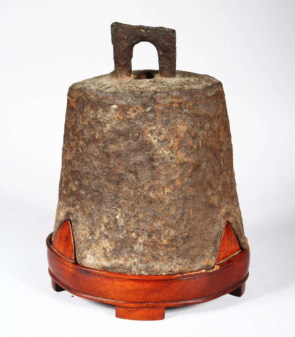 A 15TH / 16TH CENTURY CHINESE CAST IRON TEMPLE BELL, the bell with a slotted knop for hanging,