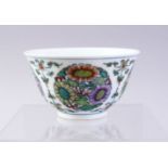 A CHINESE DOUCAI DECORATED CHRYSANTHEMUM PORCELAIN CUP, decorated with roundels of floral