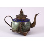 A 19TH CENTURY CHINESE BUDDHIST CARVED JADE / HARDSTONE & CLOISONNE TEAPOT, the body formed from