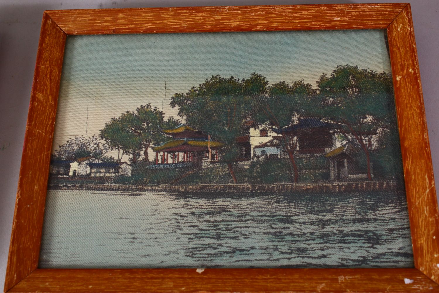 A SET OF THREE CHINESE REPUBLIC STYLE TAPESTRY PICTURES, each depicting a waterside landscape scene, - Image 4 of 6