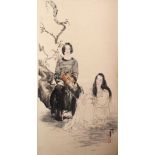 A GOOD CHINESE PAINTED SCROLL OF TWO LADIES, both seated in a landscape scene playing musical