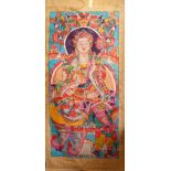 A LARGE CHINESE PAINTED TEXTILE THANGKA, painted with scenes of a seated goddess with attendant,