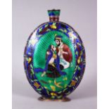 A FINE INDIAN ENAMELLED SILVER PERFUME FLASK, decorated to each side with a panel depicting a