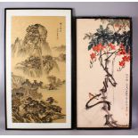 20TH CENTURY CHINESE SCHOOL, mountainous landscape with trees and buildings, signed, image 87cm x