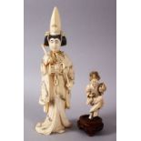 TWO JAPANESE MIIJI PERIOD CARVED IVORY OKIMONOS, - the larger of a female karako actor with her
