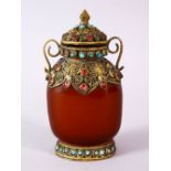 A 19TH CENTURY CHINESE GEM DECORATED AND GILT TWO HANDLED SNUFF BOTTLE, 9cm high.