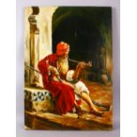AN ORIENTALIST PAINTING - OIL ON CANVAS OF A SEATED SMOKING MAN, 71CM X 49CM