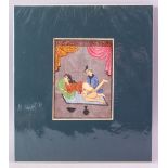 AN INDIAN HAND PAINTED MANUSCRIPT PAGE, depicting a couple in erotic scene, image size 18cm x 13cm.