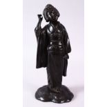 A 19TH CENTURY JAPANESE BRONZE FIGURE OF A GIRL HOLDING A MUSICAL INSTRUMENT, 32cm high.