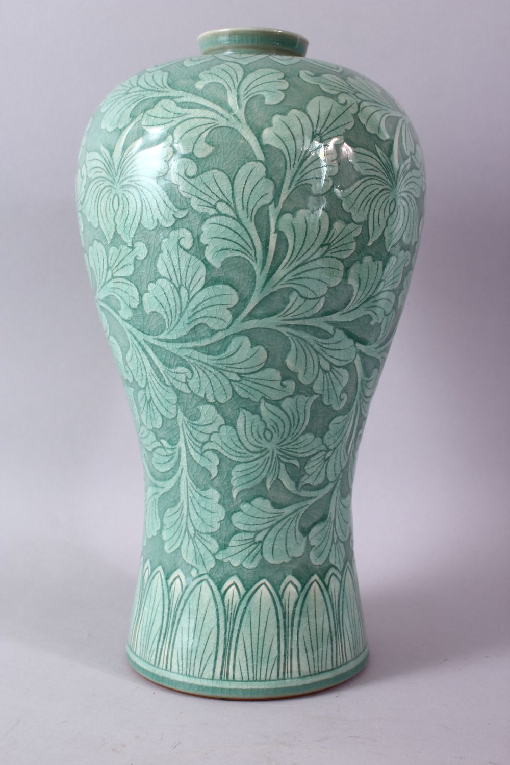 A LARGE KOREAN CELEDON VASE, the body with srolling foliage, signed, 38cm high. - Image 3 of 7