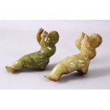 TWO 19TH/20TH CENTURY CHINESE CARVED JADE FIGURES OF BOYS, both once possibly holding an