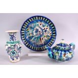A COLLECTION OF THREE PALESTINIAN / JERUSALEM POTTERY ITEMS, consisting of a tea pot, 20cm wide, a