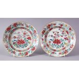 A PAIR OF 18TH CHINESE FAMILLE ROSE PLATES, painted with flowers, 22cm.