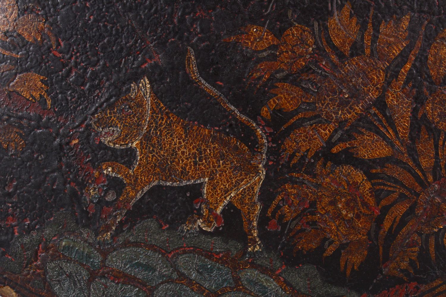 A FINE 18TH/19TH CENTURY INDIAN PAINTED LACQUER LEATHER SHIELD, decorated with a band of tigers, - Image 4 of 10