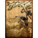 A LARGE JAPANESE MEIJI PERIOD EMBROIDERED SILK TEXTILE OF A SEA EAGLE, the finely embroidered