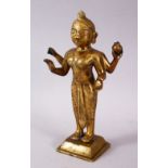 A 19TH / 20TH CENTURY INDIAN BRONZE IGURE OF A DEITY, stood holding a vessel with plated hair, 20cm