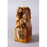 A CHINESE CARVED SOAPSTONE SEAL OF BIRDS, the seal carved with bamboo and birds, the side with
