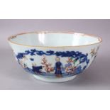 A 18TH CENTURY CHINESE FAMILLE ROSE PORCELAIN BOWL, painted with panels of figures and lotus, 9.