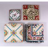 TWO 19TH CENTURY TILES with floral decoration and two later tiles, largest 21cm x 21cm.