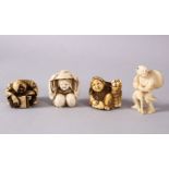 A JAPANESE MEIJI PERIOD CARVED IVORY NETSUKE & THREE OTHERS, of a seated lady holding straw and a