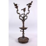 A GOOD 18TH / 19TH CENTURY INDIAN MOGHUL BRONZE BIRD OIL LAMP, 62cm high x 31cm wide.