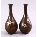 A FINE PAIR OF JAPANESE MEIJI PERIOD BRONZE & MIXED METAL SIGNED VASES, the pair of vases