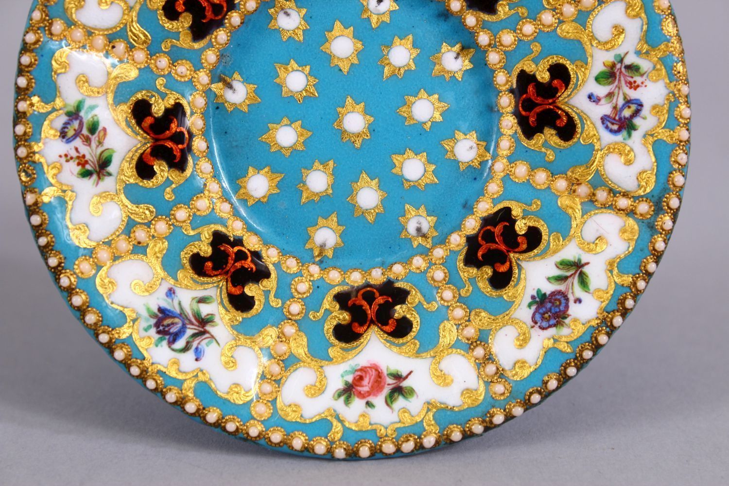 A FINE 19TH CENTURY OTTOMAN OR OTTOMAN MARKET ENAMELLED CUP AND SAUCER, with finely painted panels - Image 6 of 8