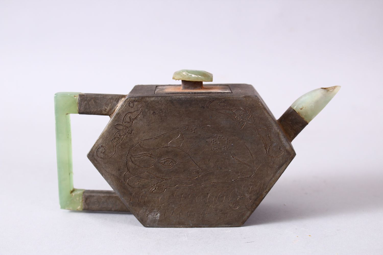 A CHINESE METAL & JADE TEAPOT, the teapot body formed from white metal and carved with scenes of - Image 2 of 6