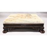 A LARGE REGENCY DESIGN RECTANGULAR TOP STOOL, the needlework top with a horse and rider, the frame