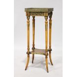 A 19TH CENTURY FRENCH SQUARE MARBLE TOP TABLE with ormolu mounts on fluted legs. 2ft 7ins high.