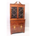 A VICTORIAN MAHOGANY FRENCH CARTONNIER INLAID STANDING BOOKCASE, the top with swan neck pediment,