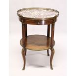 A GOOD 19TH CENTURY CIRCULAR TOP TWO-TIER TABLE, the top with brass grill and inset marble top,