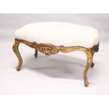 A LARGE GILTWOOD STOOL with padded top. 3ft 3ins long.