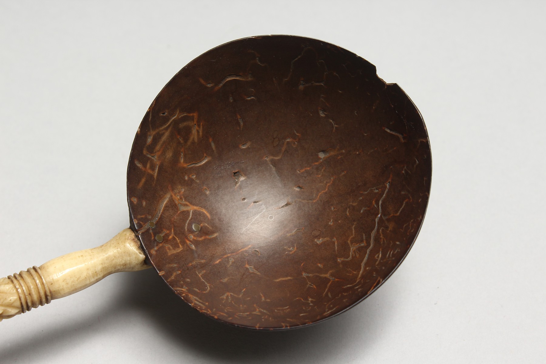 A NATIVE NUT BOWL SPOON with carved ivory handle. 10ins long. - Image 4 of 4