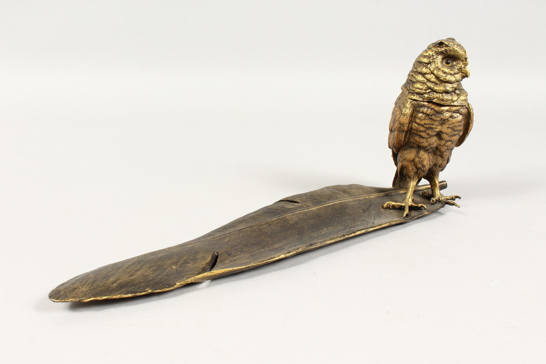 A GOOD BRONZE OWL INKSTAND standing on a feather quill. 13ins long. - Image 2 of 6