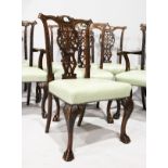 A GOOD SET OF SIX SINGLE AND TWO CARVING CHIPPENDALE STYLE MAHOGANY DINING CHAIRS, with pierced