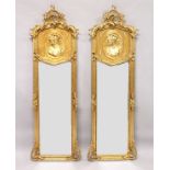 A LONG PAIR OF GILT UPRIGHT MIRRORS. 5ft 9ins high x 1ft 8ins wide.
