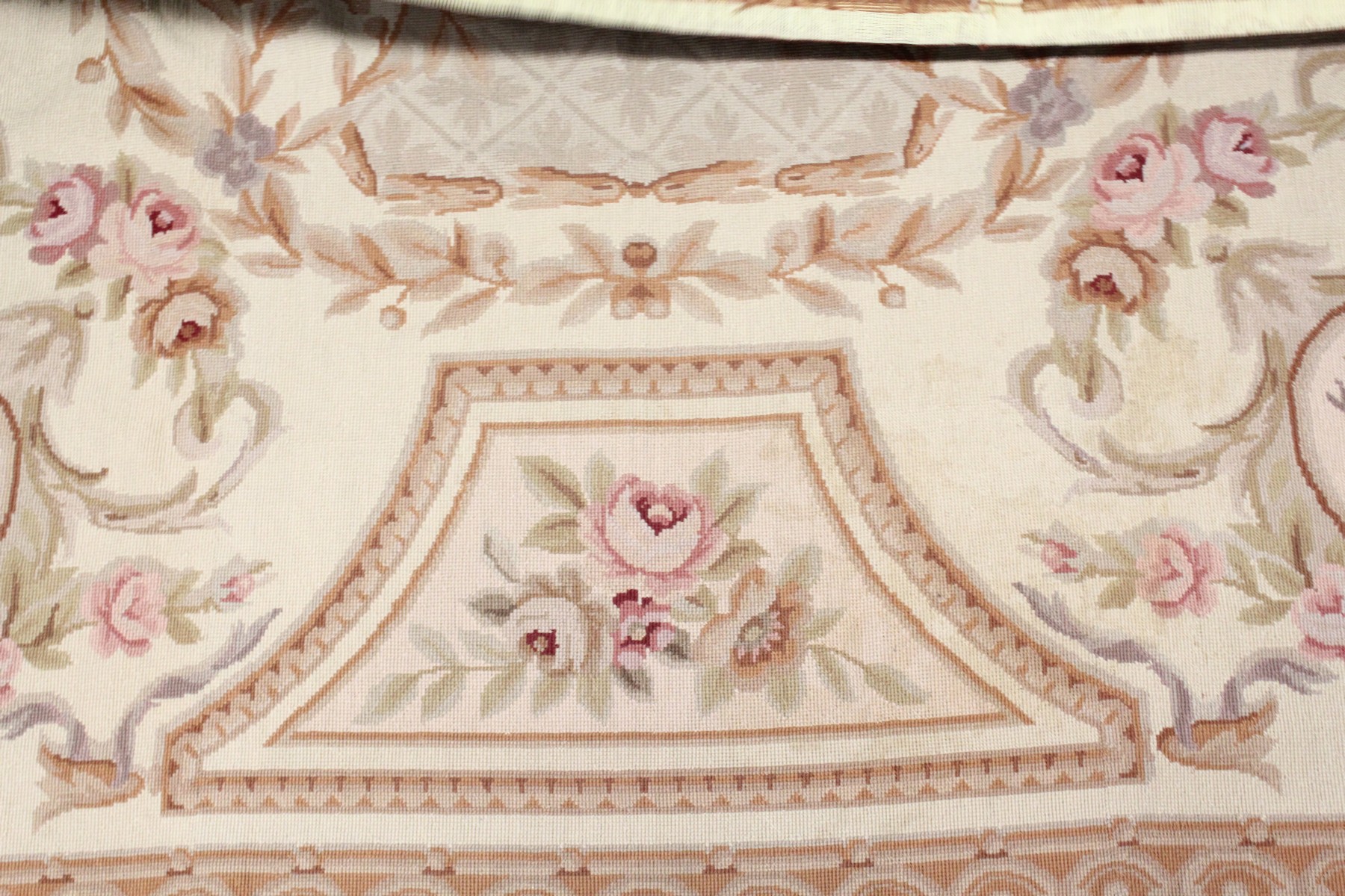 AN AUBUSSON STYLE TAPESTRY WALL HANGING, beige ground decorated with floral panels. 9ft 0ins x 6ft - Image 2 of 5