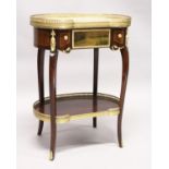 A LOUIS XVITH KIDNEY SHAPED TABLE with marble top, ormolu mounts, single drawer, undertier and
