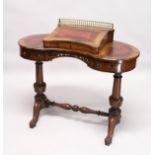 A VICTORIAN WALNUT KIDNEY SHAPED WRITING DESK, with rising writing surface and fitted interior,