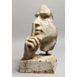 AN ITALIAN CARVED WHITE MARBLE FACE WITH A HAND. 16ins high.