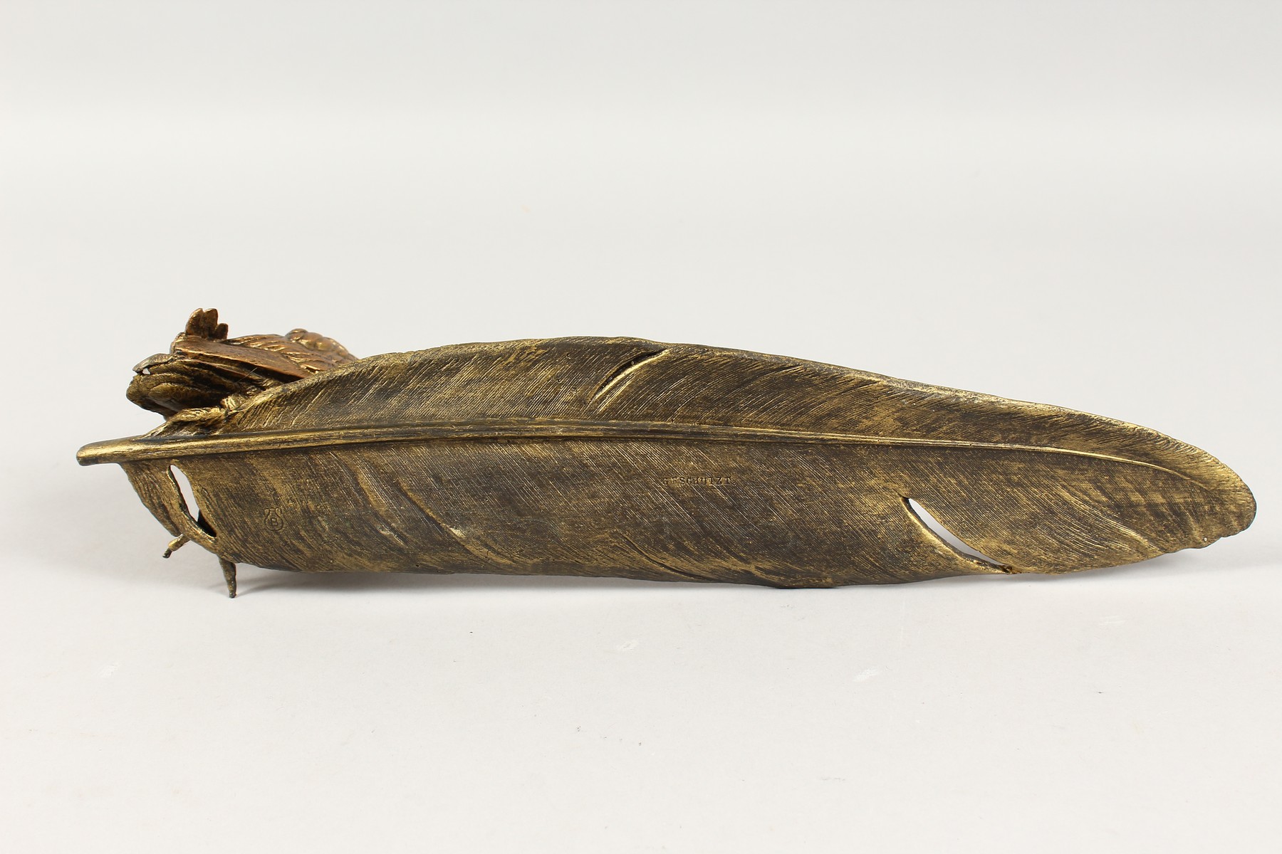 A GOOD BRONZE OWL INKSTAND standing on a feather quill. 13ins long. - Image 5 of 6