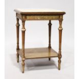 A FRENCH MARBLE TOP TABLE, on fluted legs with under-tier. 1ft 8ins square.