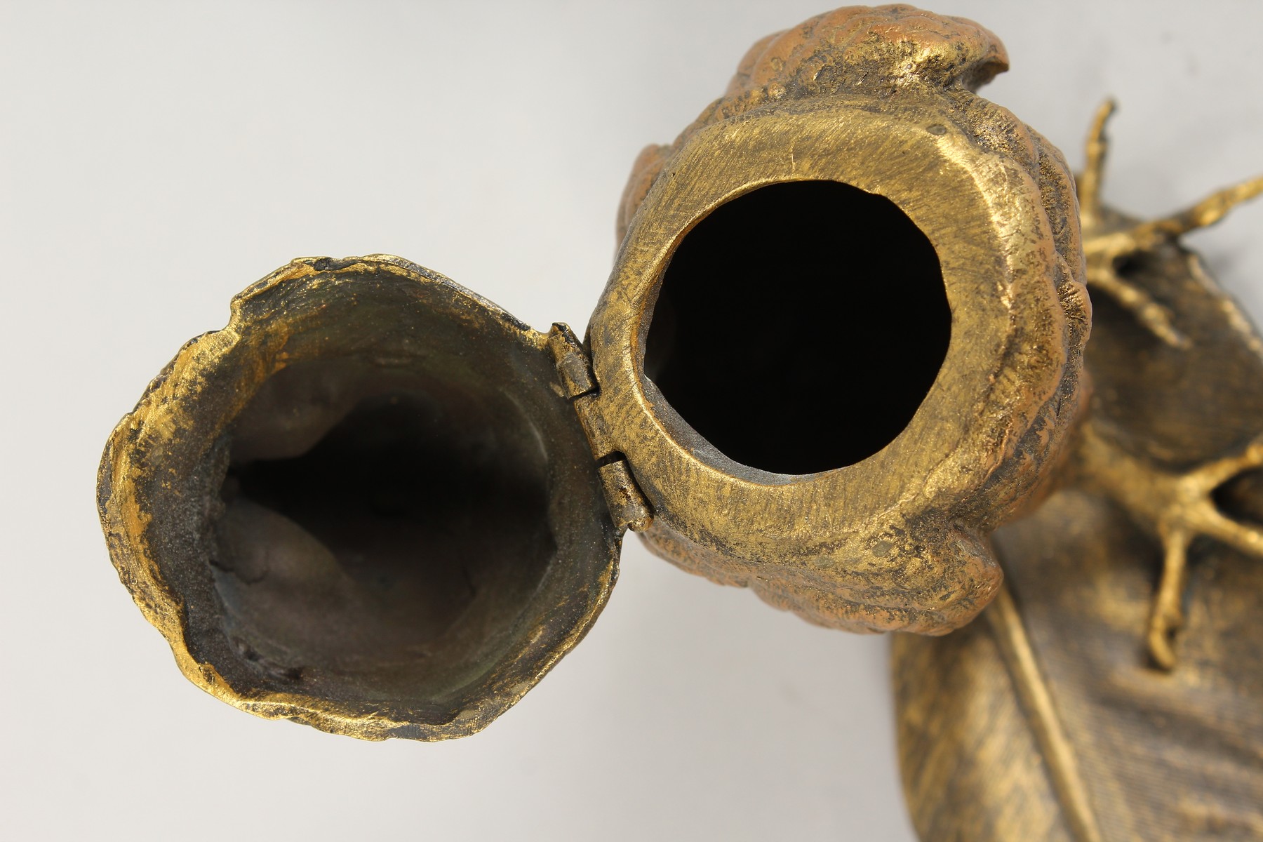 A GOOD BRONZE OWL INKSTAND standing on a feather quill. 13ins long. - Image 4 of 6