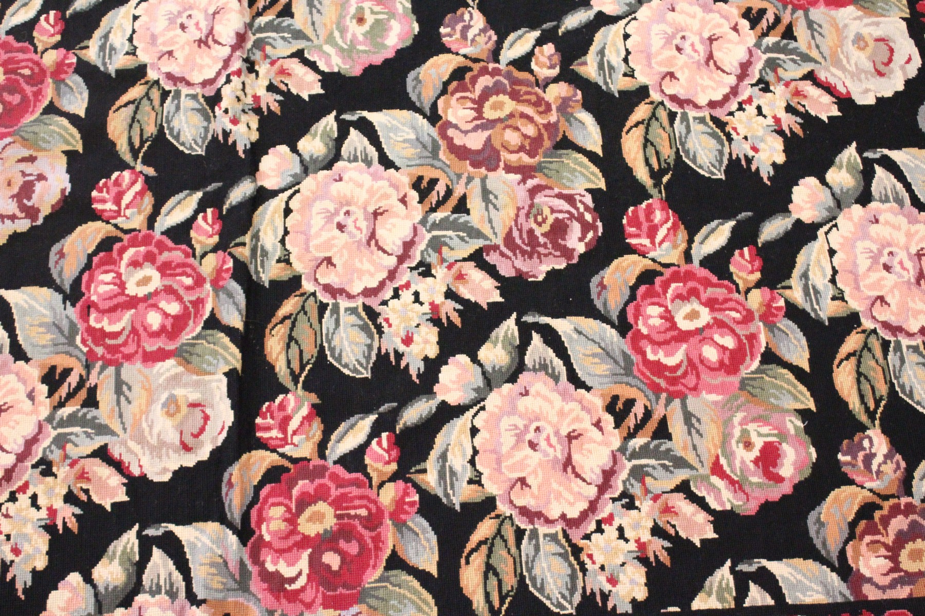 A LARGE AUBUSSON STYLE WOOLWORK TAPESTRY WALL HANGING, black ground with all-over floral decoration. - Image 3 of 8