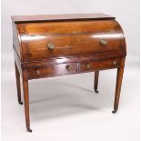 A GEORGE III SATINWOOD CYLINDER BUREAU, with sliding front with fitted interior, two drawers