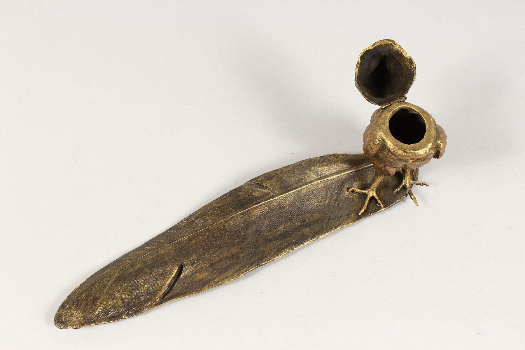 A GOOD BRONZE OWL INKSTAND standing on a feather quill. 13ins long. - Image 3 of 6