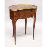A LOUIS XVITH KIDNEY SHAPED PARQUETRY INLAID TABLE, with ormolou mounts, sliding panel to the