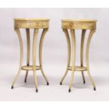 A GOOD PAIR OF REGENCY DESIGN PAINTED CIRCULAR MARBLE TOP TABLES on four curving legs with under-