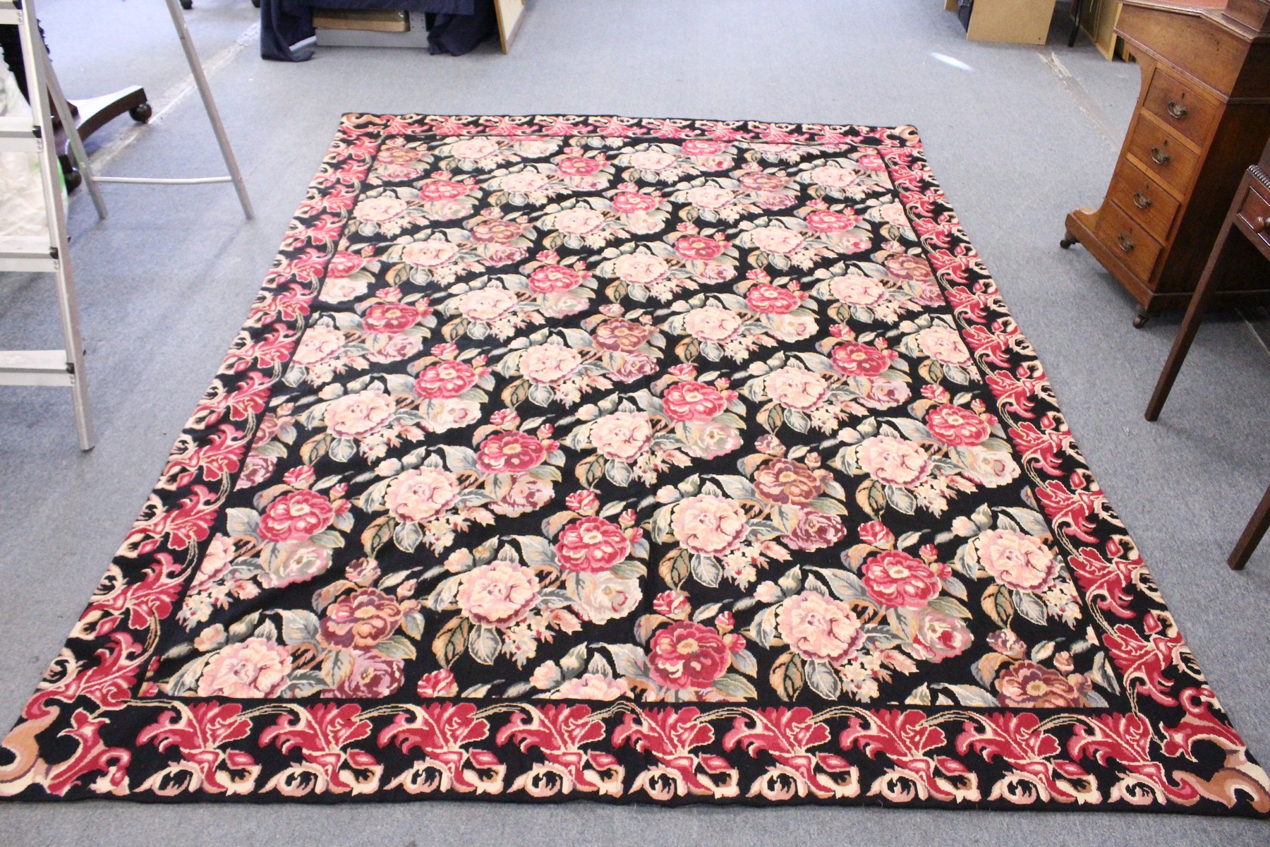 A LARGE AUBUSSON STYLE WOOLWORK TAPESTRY WALL HANGING, black ground with all-over floral decoration. - Image 2 of 8